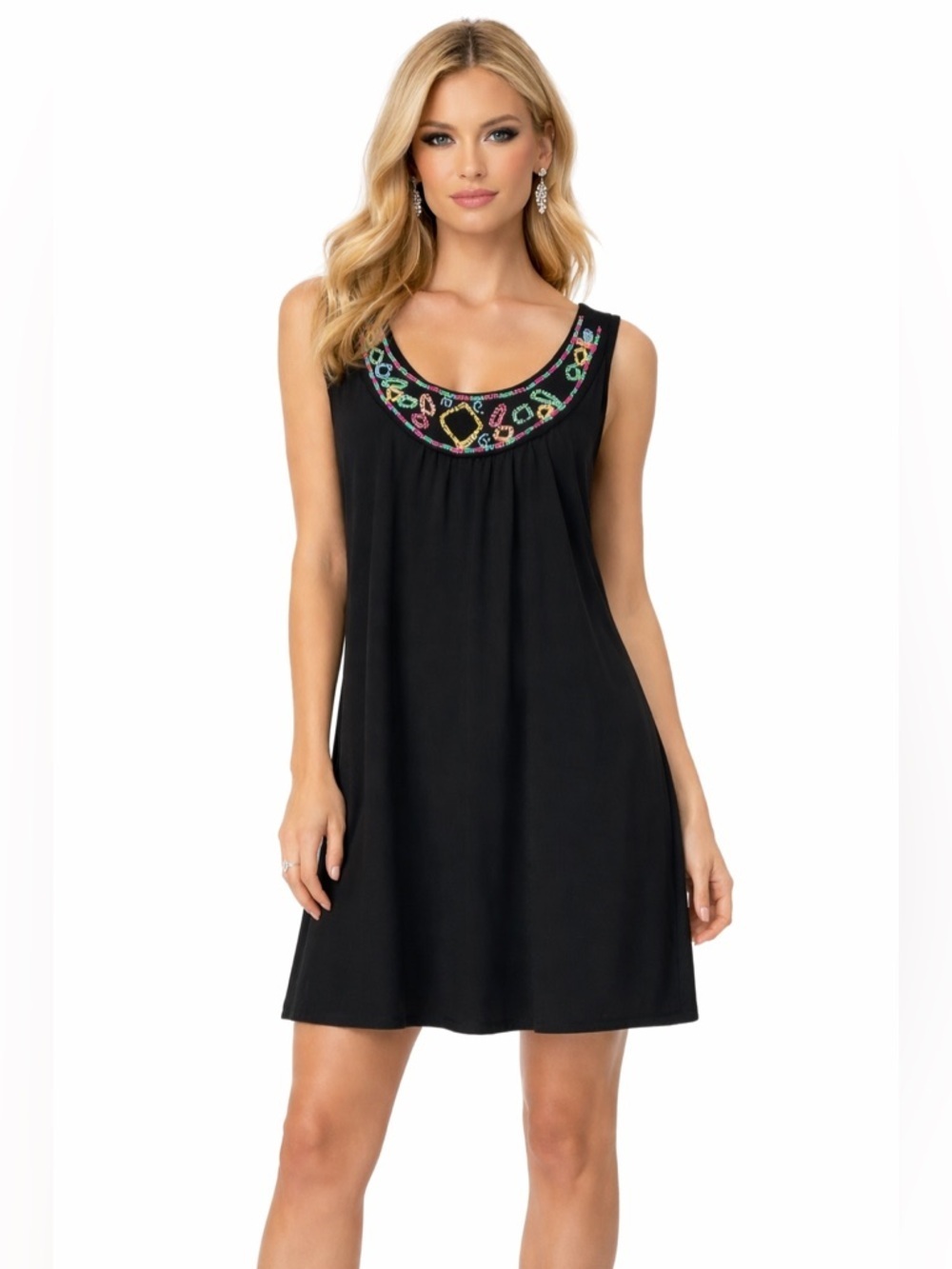 Choices Woman Black Sleeveless Dress Size 3X with Colorful Beading at Collar